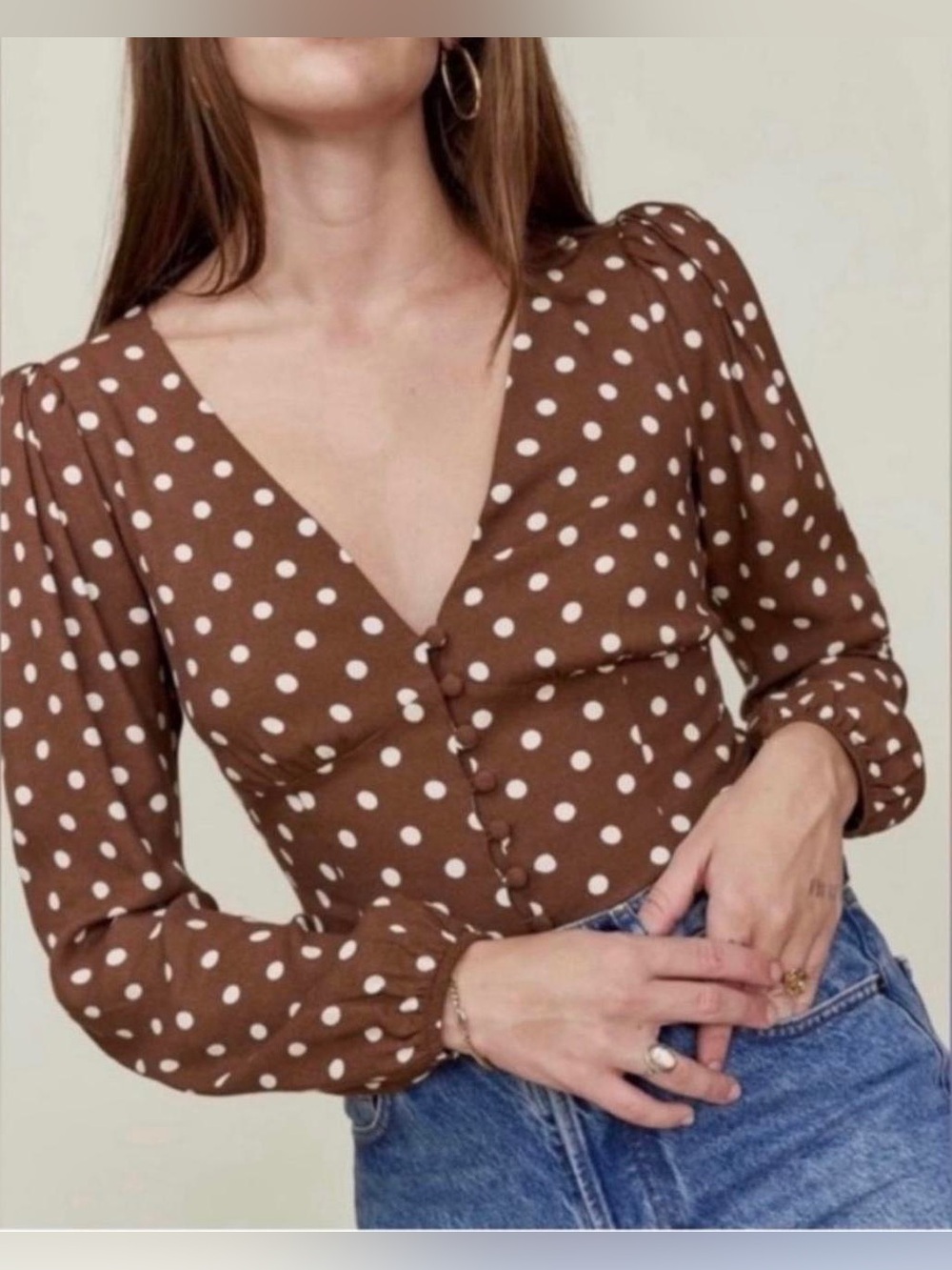 Reformation Nell Brown Polka Dot V-Neck Blouse